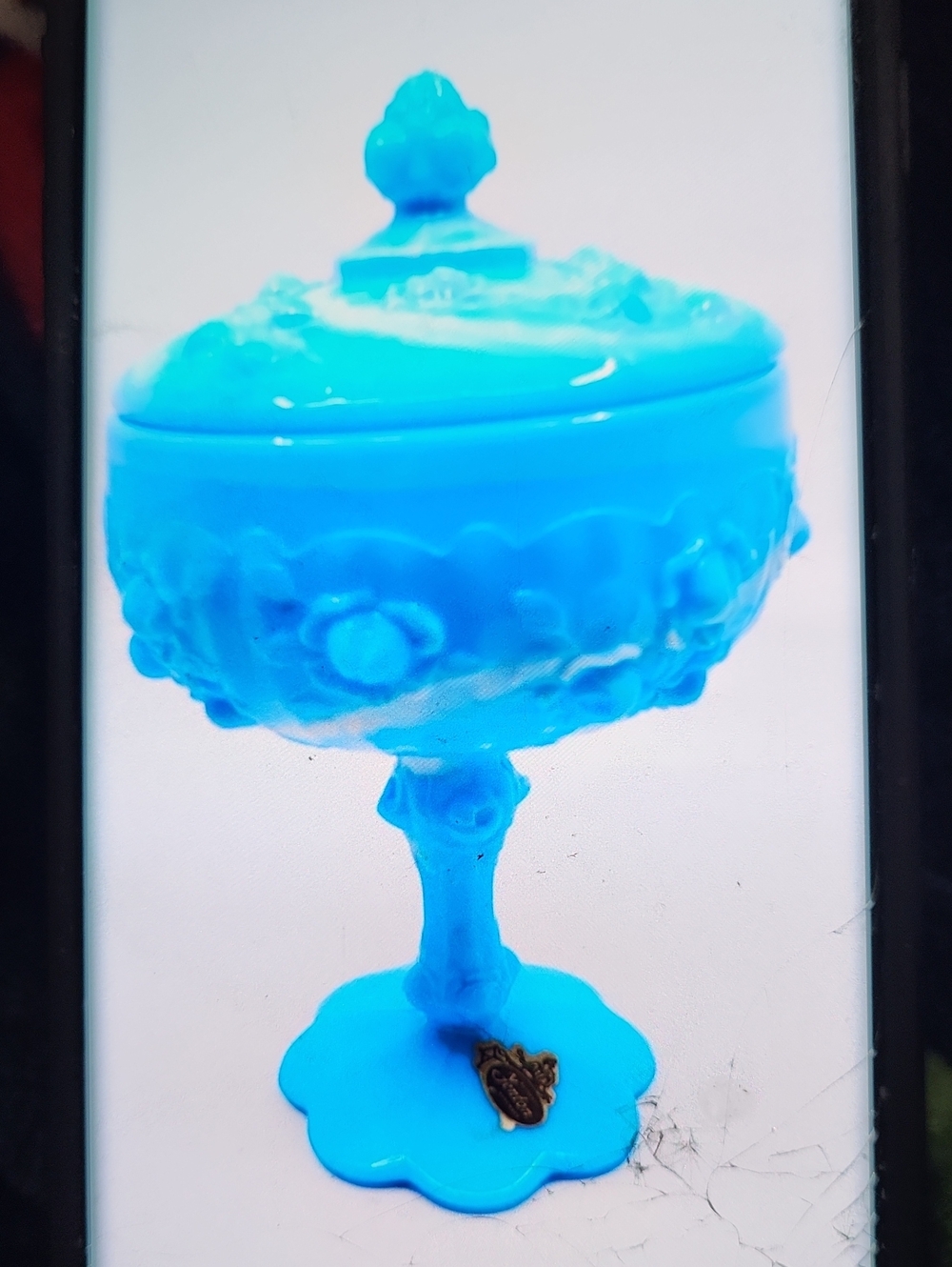 Vintage Fenton Blue Slag Marble Glass Lidded Pedestel Cabage Compote Rare